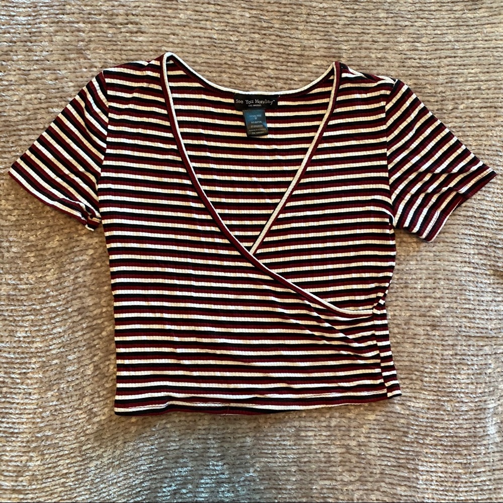 Red, White & Blue Cropped V-Neck Top